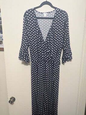Venus 2XL Navy Blue and White Polka Dot V-Neck Maxi Dress with Matching Belt